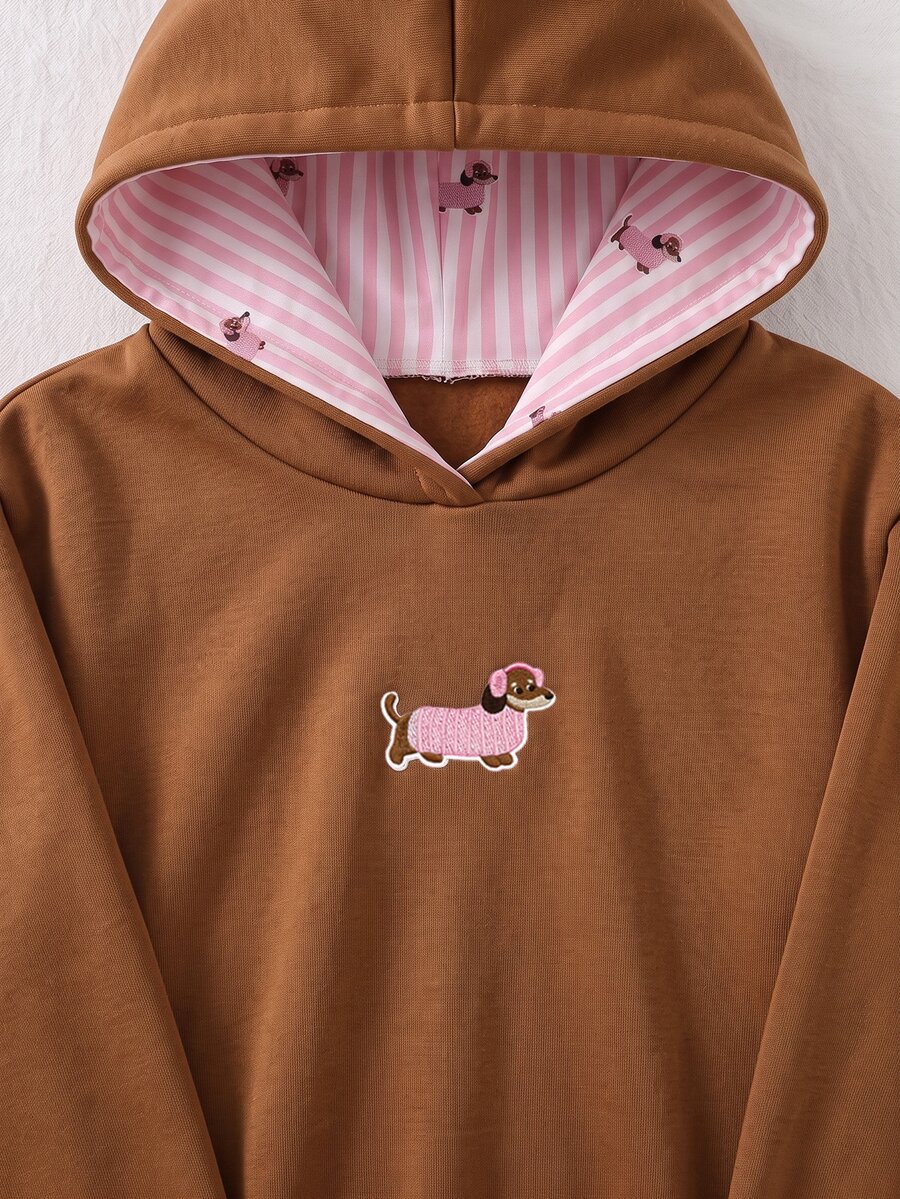 SHEIN Sparklyn 青少年女孩可愛臘腸狗刺繡連帽套頭衛衣 淡黃色學院風日系可愛條紋內裡口袋寬鬆秋冬休閒上衣 - 棕色 - 查看 1