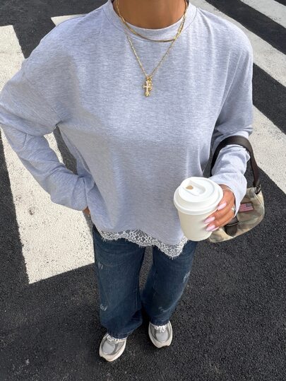 Muchica Women's Vintage Heather Gray Long Sleeve T-Shirt With White Lace Hem, Casual Loose Fit Knit Top For Fall Winter Streetwear