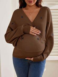 SHEIN 孕婦愛心刺繡重疊V領蝙蝠袖長袖休閒針織衫 - 咖啡棕 - 查看 1