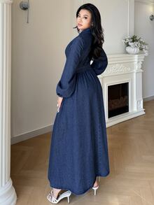 SHEIN MOD Women's Long Sleeve Single-Breasted Waist Buckle Design Casual Denim Dress - Dark Wash - View 4