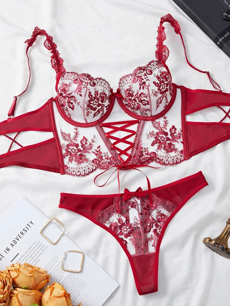 SHEIN Sexy Sheer Embroidered 2-Piece Set - Burgundy - View 1