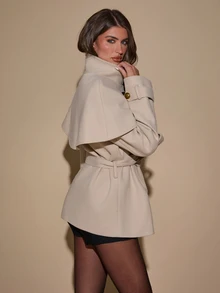 SHEIN BAE Women's Solid Color Metal Button Design Cape Elegant Coat - Apricot - View 3