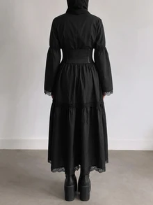SHEIN ICON Women's Waist-Cinching Lace Patchwork Vacation Dress - Black - View 2