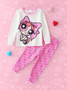 THE POWERPUFF GIRLS X SHEIN Baby Girl Cartoon Pattern Long Sleeve Top And Pants Casual Daily Home Pajama Set - Pink - View 1