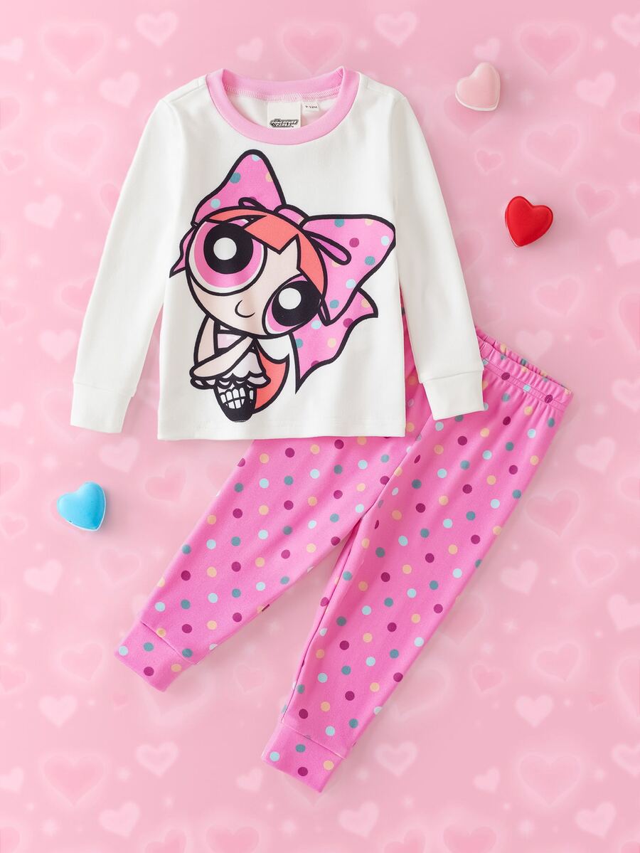 THE POWERPUFF GIRLS X SHEIN Baby Girl Cartoon Pattern Long Sleeve Top And Pants Casual Daily Home Pajama Set - Pink - View 1