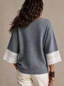 LUMIGAL Autumn/Winter New Round Neck Lace Patchwork Loose Fit Versatile Knit Top - Dark Grey - View 3