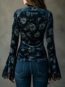 DAZY Women's Lace Patchwork All-Over Print Casual Daily Wear Blouse - Navy Blue - View 4