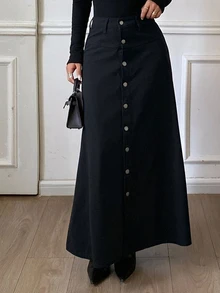 DAZY Rok Denim Panjang Model A-Line Wanita dengan Hiasan Kancing Tunggal, Gaya Kasual Urban - Hitam - View 6