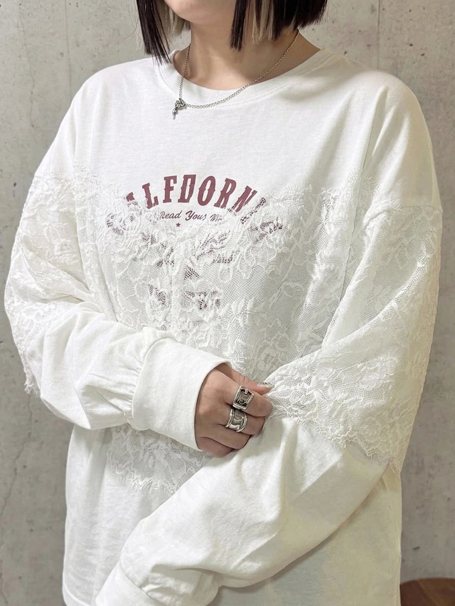 Dazy Plus Contrast Lace Design 2 In 1 Letter Print Loose Fit Korean Style White T-Shirt - White - View 1