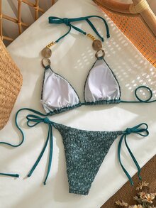 SHEIN Swim 女款兩件式比基尼泳衣套裝，三角上衣與泳褲，特殊紋理面料，側綁帶比基尼泳褲，夏季海灘泳裝 - 墨綠色 - 查看 2