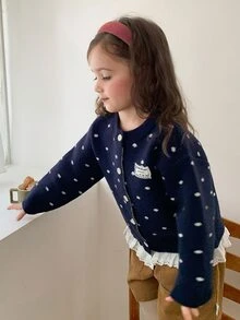 Hapijoa 女童秋季拼接撞色荷葉邊修身長袖圓領抽繩綁帶休閒開襟衫 - 藏蓝色 - 查看 2