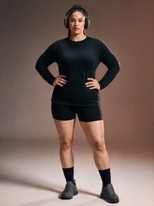 Powerista Women's Plus Size Long Sleeve Crew Neck Top And Shorts Sports Set - Black - View 3