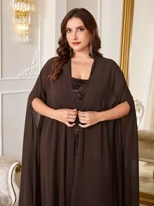 Reflora Plus Size Embroidered Cami Dress With Cardigan Set - Brown - View 8