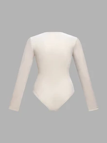 Silhoulove Women's Solid Color V-Neck Front Tie Long Sleeve Fashion Bodysuit - Apricot - View 4