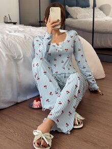 Napfluff طقم بيجامة نسائي بأكمام طويلة وبنطال طويل مطبوع بطبعة الكرز والخطوط - متعدد الألوان - مشاهدة 3