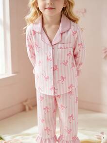 SHEIN Sweet Style Bow & Stripe Print Long Sleeve Cardigan And Pants 2 Pieces Set, Casual Comfortable Loungewear For Young Girl - Multicolor - View 4
