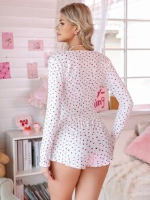 PetitDoll 2pcs Set Ribbed Print Heart Long Sleeve Top + Shorts - Red and White - View 2