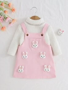SHEIN Kids Cute Woven Ribbed Brown Corduroy Pinafore Autumn Winter Dress, Exquisite Bunny Doll Decor, Fine Workmanship & Exqu - Pink - View 7
