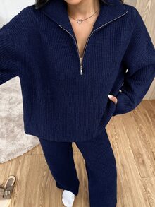 SHEIN EZwear 女款休閒深藍色拉鍊半開領落肩長袖針織上衣與針織長褲兩件套，秋冬款 - 藏蓝色 - 查看 3