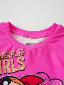 THE POWERPUFF GIRLS X SHEIN رومبير كاجوال بأكمام قصيرة وطبعة كرتونية للبنات الرضع - وردي - مشاهدة 3