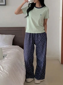 DAZY 2件組碎花拼接撞色女款睡衣套裝 - 綠色 - 查看 4