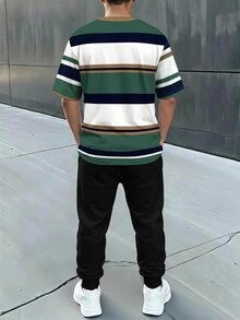 兒童青少年男孩休閒舒適時尚極簡條紋圓領短袖長褲T恤套裝 針織2件式套頭衫 - 白色 - 查看 2