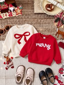 SHEIN 2件裝女嬰白色與紅色秋/冬運動衫，聖誕運動衫，聖誕上衣，節慶上衣 - 紅色 - 查看 1