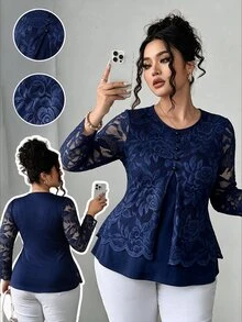 Elenzga Plus Size Round Neck Lace Patchwork Asymmetrical Hem Black Button Fashion Elegant Vintage Women's Casual Home Commute Comfortable Top Fall - Royal Blue - View 1