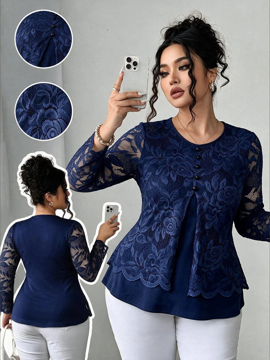 Elenzga Plus Size Round Neck Lace Patchwork Asymmetrical Hem Black Button Fashion Elegant Vintage Women's Casual Home Commute Comfortable Top Fall - Royal Blue - View 1