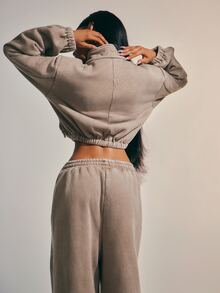 Denimoi Washed Sweatshirt Zip Front Sweats High Neck Pankou Buttons Knotted Button Loungewear Airport, Comfy Daily, Co-Ord Set - Grey - View 6