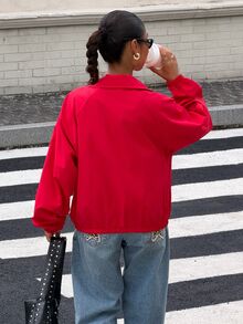 Muchica Women's Red Funnel Neck Snap Button Jacket, Lightweight Long Sleeve Windbreaker With Elastic Cuffs & Pockets For Chic Fall Winter Streetwear Outfits - Red - View 2