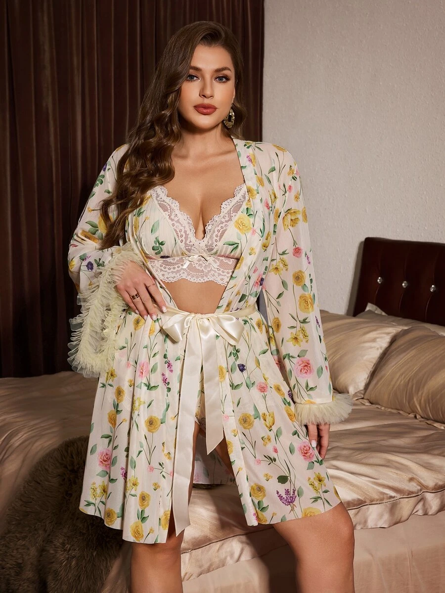 Slumberist 3pcs Lace Patchwork Sexy Camisole Shorts + 3D Floral Wide Sleeve Mesh Plus Size Printed Robe Set - Multicolor - View 1