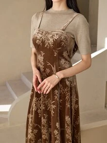 DAZY Elegant Waist-Flattering A-Line Midi Dress For Women - Brown - View 4
