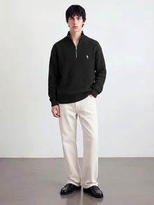 Manfinity Homme Men's Fall Embroidered Minimalist All-Match Casual Daily Wear Design Dropped Shoulder Fitted Long Sleeve Versatile Sweater Pullover Vacation Airport Black - Black - View 7
