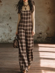SHEIN Plaid Loose Retro Casual Versatile Autumn/Winter Long Overalls Jumpsuit For Women - Coffee Brown - View 1