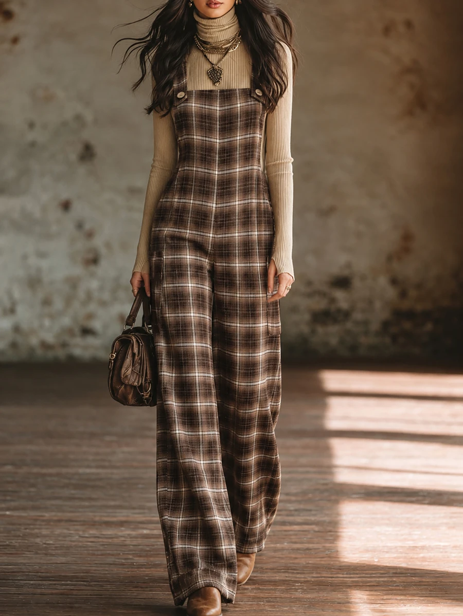 SHEIN Plaid Loose Retro Casual Versatile Autumn/Winter Long Overalls Jumpsuit For Women - Coffee Brown - View 1