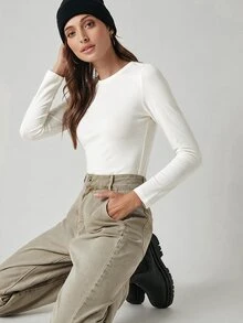 SHEIN BASICS 女款純色圓領長袖休閒百搭T恤 - 白色 - 查看 4