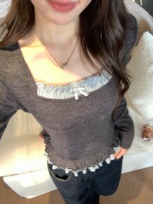 DAZY Women's Colorblock Ruffle Trim Polka Dot Long Sleeve Spring/Autumn Korean Style Aesthetic T-Shirt - Black - View 5