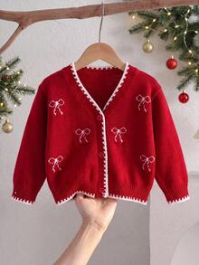 SHEIN Cardigan Rajut Leher V Motif Pita Lucu untuk Bayi Perempuan Warna Merah, Cocok untuk Musim Gugur/Dingin, Cocok untuk Liburan, Natal, Sweater, Gaya Musim Gugur Terbaru - MultiWarna - View 6