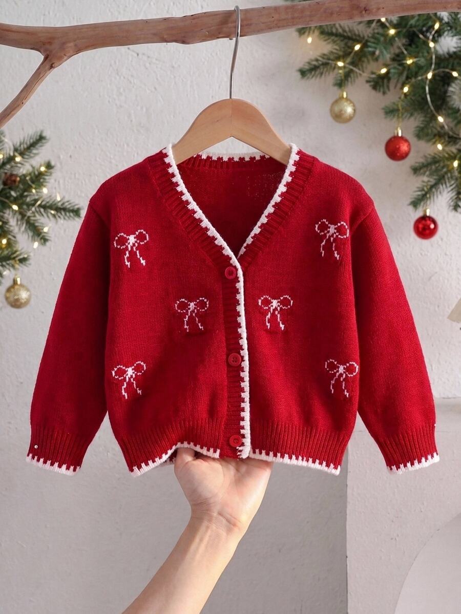 SHEIN Baby Girl Knitted V-Neck Cute Bow Pattern Cardigan Red Sweater, Suitable For Autumn/Winter, Suitable For Holidays,Christmas ,Sweater,New Fall Styles - Multicolor - View 1