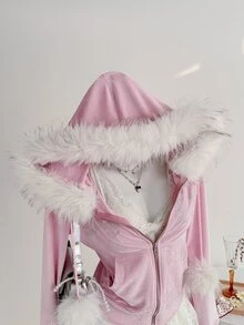 Elamini Women's Rhinestone & Pom Pom Decor Fur Collar Zipper Front Hooded Long Sleeve Sweatshirt - Mauve Purple - View 3