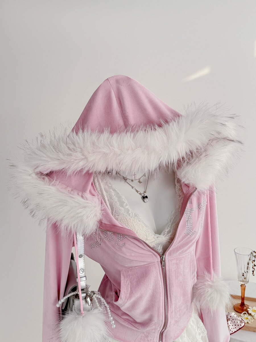 Elamini Women's Rhinestone & Pom Pom Decor Fur Collar Zipper Front Hooded Long Sleeve Sweatshirt - Mauve Purple - View 1