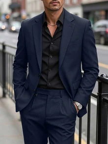 Manfinity Mode Men's Slim Fit Suit Set,Elegant Black Summer Formal Two-Pieces Blazer And Trousers For Dinner,Business,Wedding,Old Money Style Classic Suits,Ceremony - Navy Blue - View 7