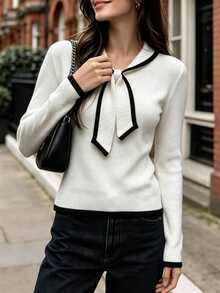 Cévolie Women's Colorblock Casual Versatile Daily Wear Long Sleeve Sweater - Black and White - View 4