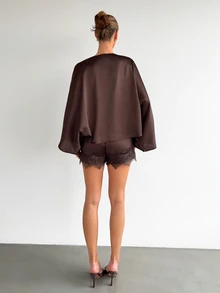 Siren Gaze Autumn/Winter New Brown Satin Shawl Lace Patchwork Shorts Set For Women - Apricot - View 2