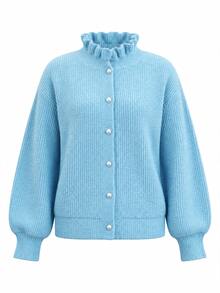 Balvessa Autumn/Winter French Style Solid Color Mock Neck Single-Breasted Ruffle Collar Knit Cardigan Top - Blue - View 1
