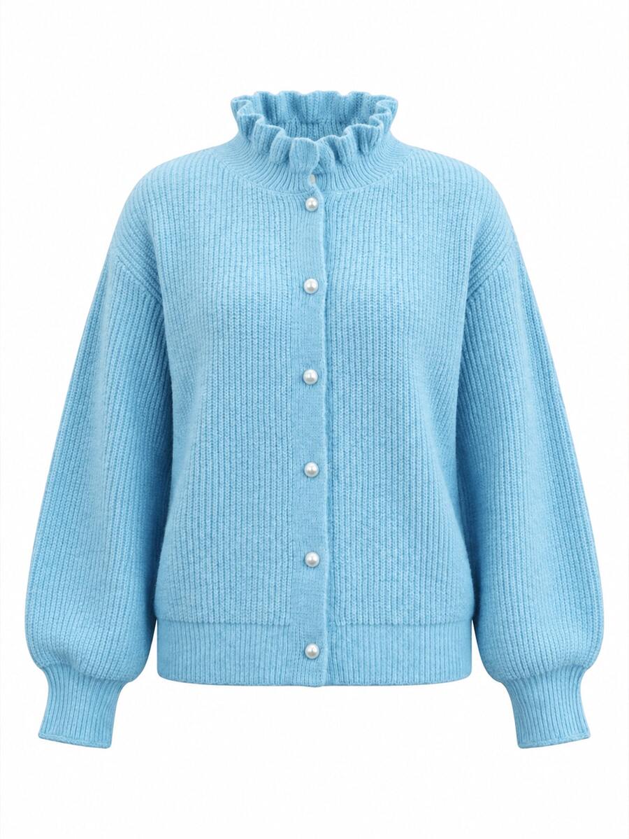 Balvessa Autumn/Winter French Style Solid Color Mock Neck Single-Breasted Ruffle Collar Knit Cardigan Top - Blue - View 1