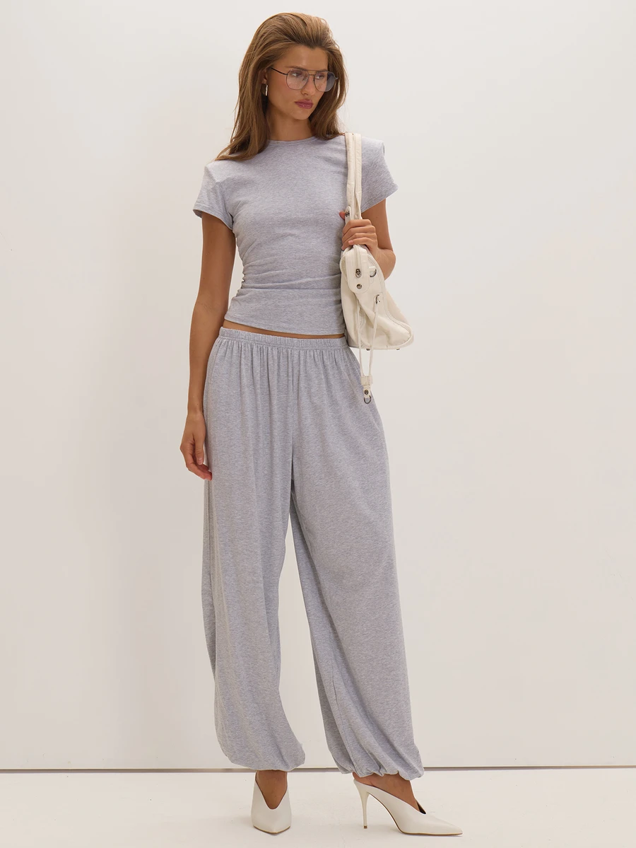 MUSEYN Grey Marl Jersey Loose Fit Cuffed Pants Basics Versatile Everyday Casual Fall - Light Grey - View 1