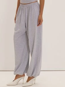 MUSEYN Grey Marl Jersey Loose Fit Cuffed Pants Basics Versatile Everyday Casual Fall - Light Grey - View 3
