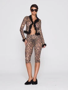 MUSERA Atasan Kardigan Terbuka Jala Motif Leopard dengan Hiasan Bulu, Cocok untuk Musim Gugur, Musim Dingin, Gaya Keren, Liburan, Sehari-hari, dan Pinggir Jalan. - MultiWarna - View 2
